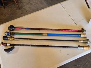 lot 119 image: Walking Sticks  Canes with unique handle designs, including gearshift knobs and embellished grips  - heavy and appear homemade