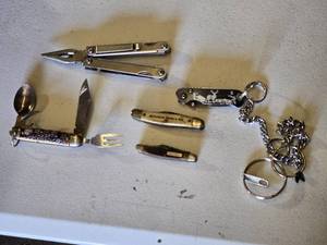 lot 137 image: Swiss Army Style Multi-Tool Lot including Vintage Utensil Knife, Multi-Tool Pliers, Old Timer Knife, Brownton Grain & Feed Knife, and Keychain Folding Knife