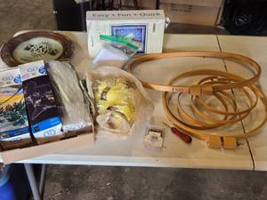 lot 152 image: Lot of Craft Supplies including Caron Latch Hook Kit, Embroidery Hoops, and Yarn