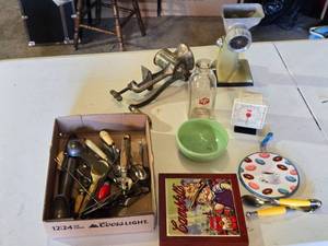 lot 168 image: Vintage Kitchen Tools and Accessories including Puritan Grinder, Scale, and Milk Bottle
