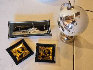 lot 170 image: Glass Ash Tray with Ship Design, Small Ash Trays with Globe Motif, and Globe Lamp