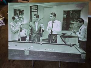lot 176 image: Black and White Canvas Print of the Rat Pack Playing Pool - Sammy Davis Jr., Frank Sinatra