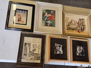 lot 178 image: Framed Art and Prints Collection including Vogue Cover, Little Mermaid Artwork, and Cartoon Illustration