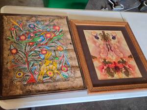 lot 189 image: Paintings including Framed Abstract Watercolor and Intricate Folk Art