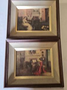 lot 197 image: Set of 2 Framed Vintage Style Paintings of Women at a Piano