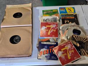 lot 229 image: Collection of Vintage Vinyl Records and Sleeves including titles like Number 7 Theme by Mitchell Ayres and Hawaii Calls. The lot also contains empty record sleeves featuring various artists and themes