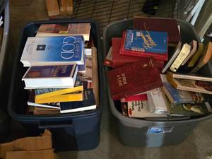 lot 233 image: 2 Totes Full of Religious and Inspirational Books including The Mind of God and Holy Bible