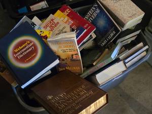 lot 234 image: Full Tote of Books Including Dictionaries and Guides, and Other Assorted Titles and Reference Books