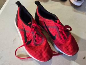 lot 247 image: Nike Size 9.5 Red Athletic Shoes with Black Swoosh Logo