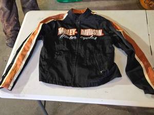lot 271 image: Harley-Davidson Womens Large Jacket with Orange and White Stripes - Chest Total 40, Back Length 24, Sleeve From Center Neck 33 14