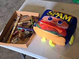 lot 280 image: Box of Miscellaneous Items including Novelty SPAM Pillow and Assorted Trinkets