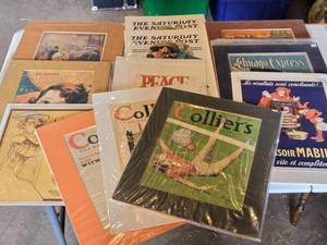 lot 281 image: Lot of Vintage Magazine Covers and Posters including Colliers, The Saturday Evening Post, and The Chicago Express