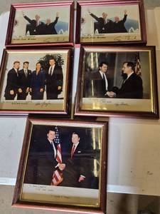lot 291 image: Framed Political Memorabilia Photographs - George Bush, Ronald Reagen Facsimile Autographs