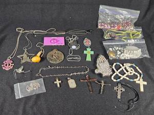 lot 329 image: Lot of Jewelry and Accessories including Cross Pendants, Rosaries, and Earrings