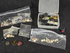 lot 336 image: Assorted Buttons and Sewing Supplies including Black Button Collection, Decorative Buttons, and Miscellaneous Sewing Items