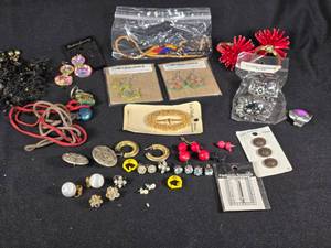 lot 337 image: Assorted Jewelry and Accessories including La Mode Fashion Accessories, Dritz Buttons, and Various Earrings and Brooches