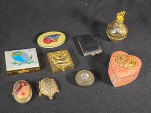 lot 340 image: Vintage Trinket Boxes and Decorative Items Lot including Heart-Shaped Box, Enamel Owl Compact, and Butterfly Tin
