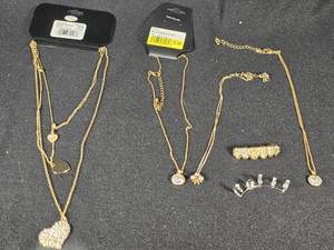 lot 341 image: Gold and Silver Colored Jewelry Collection including Necklaces, Pendants, and Rings