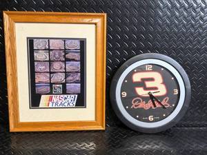 lot 29 image: Framed NASCAR Tracks Print & Round 3 Clock - Wall Decor Pair