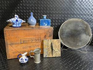 lot 43 image: Vintage Delft Blue Porcelain Miniatures in Wooden Crate with Dangerous Pellet Powder Label
