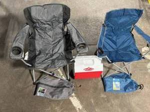 lot 58 image: Playmate Igloo Cooler with 2 Folding Camping Chairs (Blue & Gray) & Carry Bags
