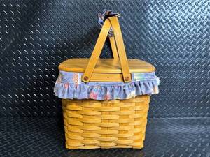 lot 61 image: Longaberger Picnic Basket - Woven Basket with Wood Lid & Fabric Ruffle