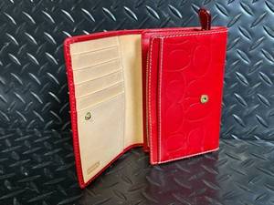 Coach Red Leather Wallet - Signature C Monogram, Card Slots, Zip Coin Pocket