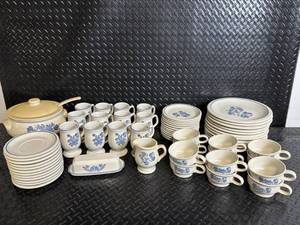 lot 92 image: Blue Floral Ceramic Dinnerware Set with Teapot, Mugs, Plates & Butter Dish