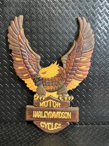lot 12 image: Harley-Davidson Eagle Wall Plaque - Carved Wood Decor