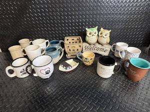 lot 328 image: Mugs - Assorted Ceramic Mugs & Owl Welcome Sign Collection
