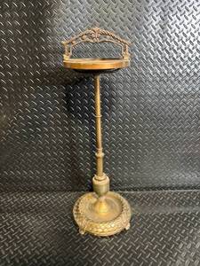 Antique Brass Pedestal Stand with Ornate Back Arch and Circular Tray Top