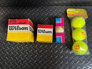 lot 120 image: Wilson 12-Inch Softball Set - 2 Softballs, Baseball, Golf Ball & Minions Tennis Balls