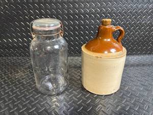 lot 142 image: OSTER Glass Mason Jar with Wire Bail Lid & Brown Glazed Ceramic Jug with Cork Stopper