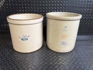 lot 147 image: Pair of Vintage Cream Stoneware Crock Jars with Blue Crown Marks
