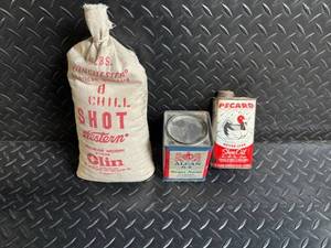 lot 164 image: Alcan AL-8 Shotgun Powder, Pecard Shoe Oil, 25 lb WinchesterOlin Shot Bag - Vintage Reloading Gear