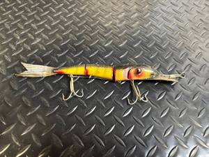 lot 173 image: Vintage Jointed Wooden Fishing Lure - 3-Section Minnow, 9 in, Treble Hooks