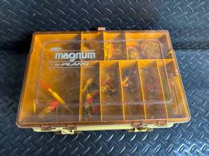 lot 179 image: Plano Magnum Tackle Box - Amber Plastic Case with Lures