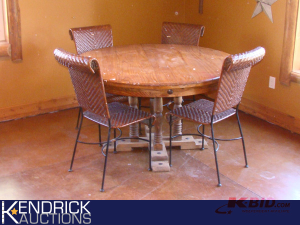 lot 22 image: Antique Oak Table with 4 Iron Hard Wicker Chairs