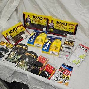 lot 26 image: Lot of New Tackle, Strike King, Seagaur, Big Bite, Zoom, Mission, VMC