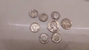 lot 31 image: Assorted American Coins, 1-Barber 1944 Dime, 5- 1950-1967 Dimes, 1942 Quarter, 1927 Buffalo Nickel
