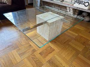 Mid Century Glass Coffee Table on Travertine Base with Stainless Steel Cross Rails - 40 in Square