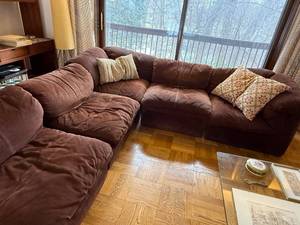 Mid Century Modern 7 Piece Modular Brown Suede L-Shaped Sectional Sofa with Throw Pillows