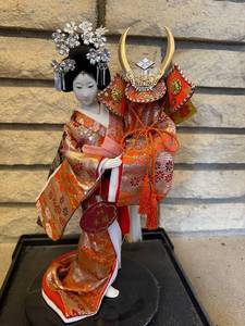 Vintage Yaegaki Hime Doll in Kimono with Decorative Kabuto Helmet