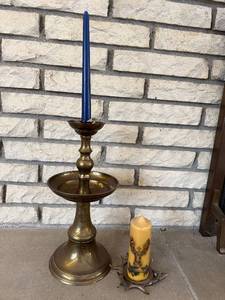 Brass Candelabrum Candlestick with Blue Taper & Ivory Deer-Motif Candle on Antler Base (Japan)
