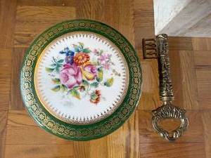 Limoges France Vintage Green Floral Round Trinket Box with Music-Note Corkscrew Opener