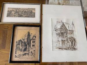Three Framed European Architectural Prints & Drawing - Munich & Riedlingen 1964