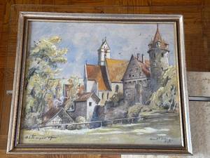 Framed Castle & River Landscape Painting of Reidlingen Germany - Signed 1947