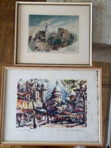 Maurice Girard Pair of Framed Watercolors - Paris Street Scene & European Village