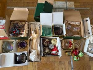 Assorted Christmas Ornaments Collection - Glass Balls, Sputnik Starbursts & Gift Boxes