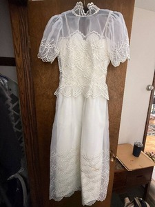 Vintage Two Piece White Formal Dress with Sheer Embroidered Overlay Jacket